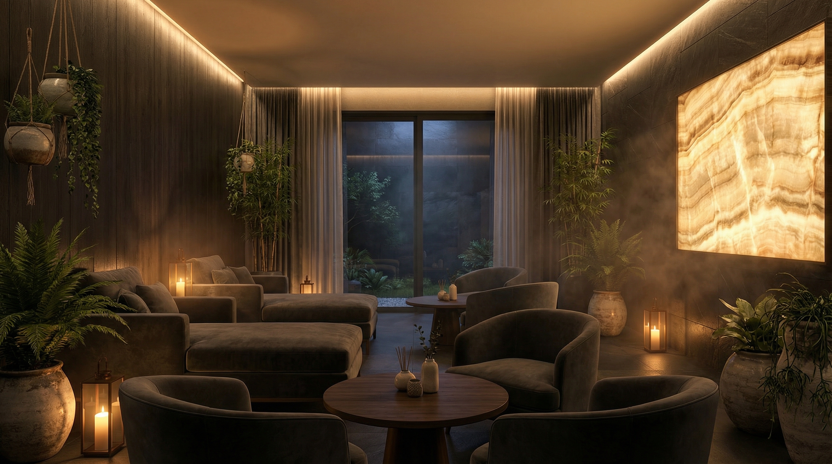 Spa relaxation room with ambient lighting